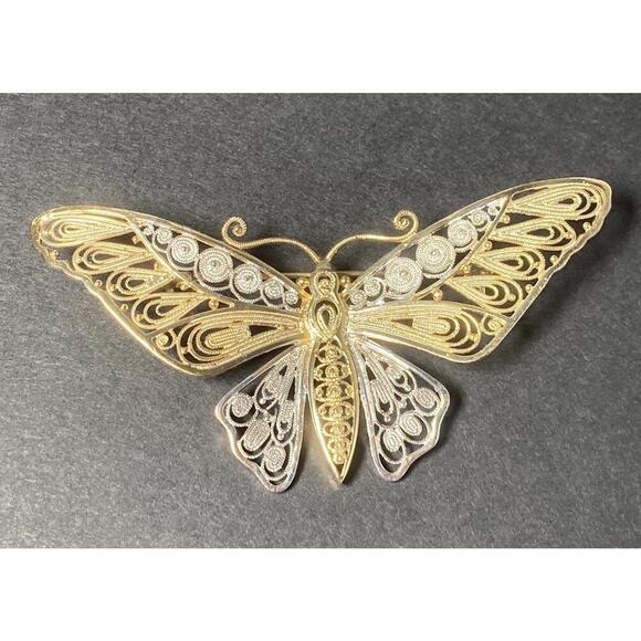 Vintage VanLou Sterling Silver Gold Plated Filigree Butterfly Pin Brooch - Picture 2 of 9